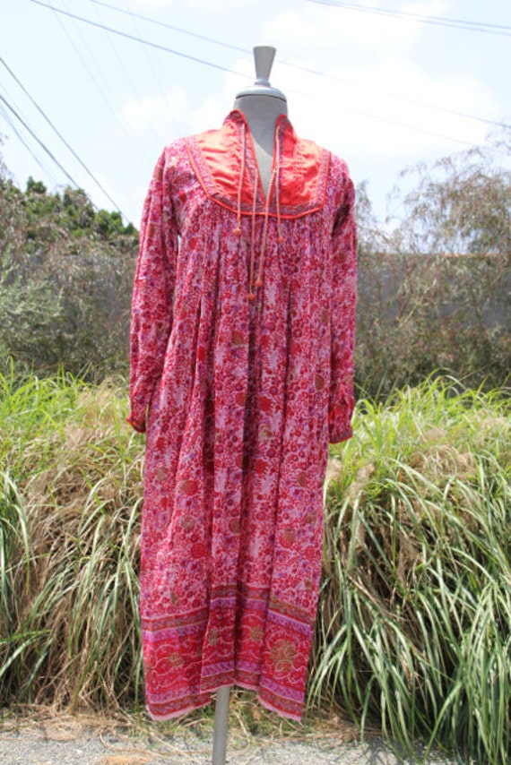 vintage indian cotton gauze dress red and pink