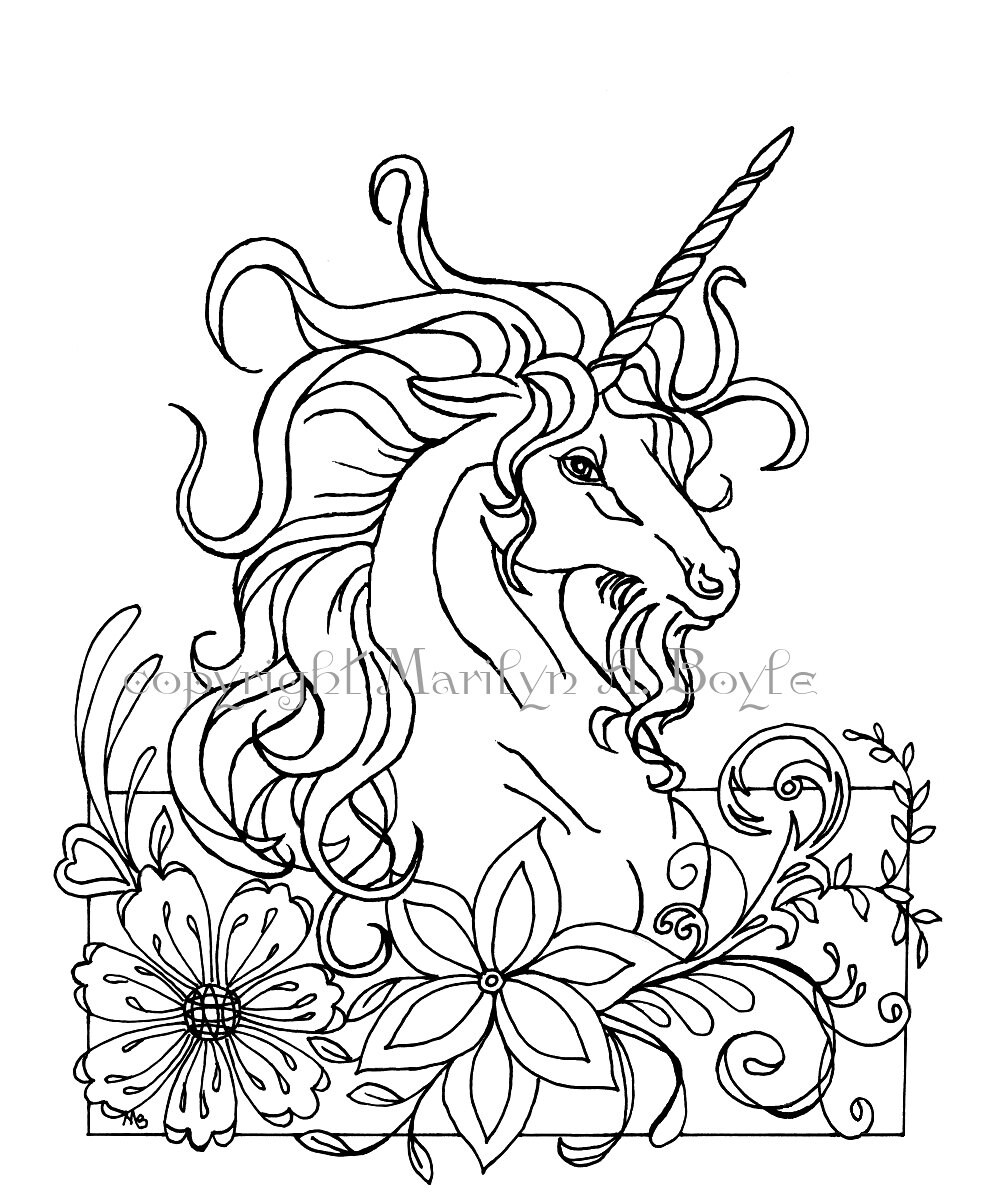 coloring page unicorn fantasy digital download flowers