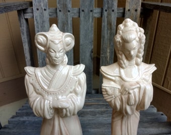 Vintage Oriental Ceramic Figurines Asian Royalty Glazed Statues Height 12" Year 1981 Signed Lynn-Don