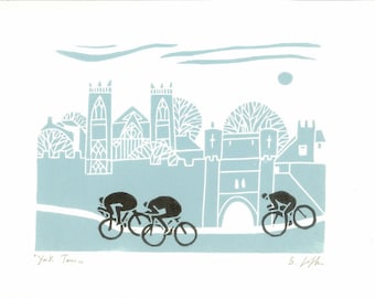 Bicycle Art - York Tour of Britain - Linocut Print - Tour de France - Yorkshire Original Print - Cyclist, Cycling Art - Printmaking