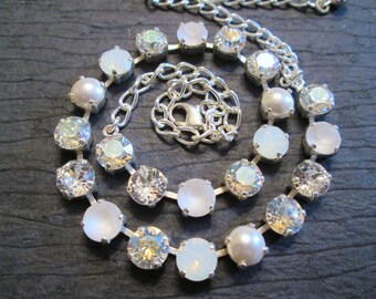 Bridesmaid Necklace/Crystal and Pearl Swarovski Necklace/ Bridal Necklace/ White Crystal Necklace/ Crystal Tennis Necklace/Wedding Necklace