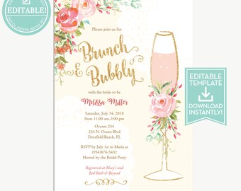 Brunch and Bubbly Bridal Shower Invitation Download - Editable Template - Wedding Shower Invite - Baby Shower - Birthday - LR1050W