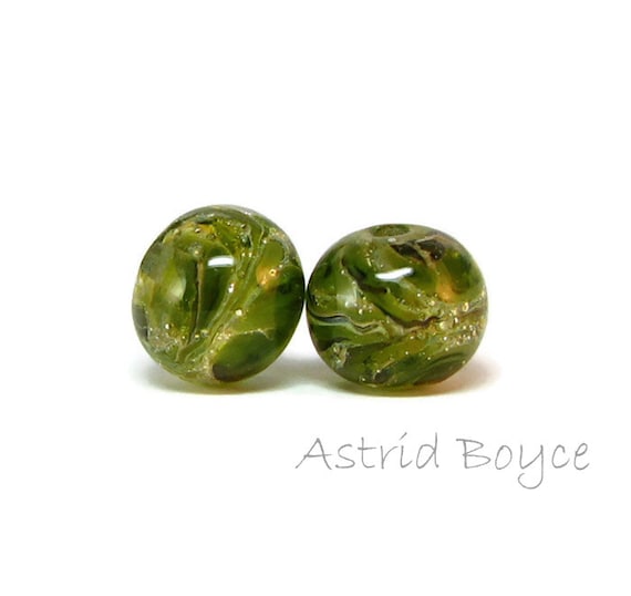 Olive Drift Rounds Artisan Lampwork Bead Pair-Gorgeous transparent olive glass with fine Italian silver over crystal clear transparent glass