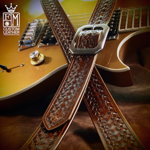 Brown Leather Guitar Strap Tooled and stamped by hand Competely Handmade for YOU in New York by Freddie Matara