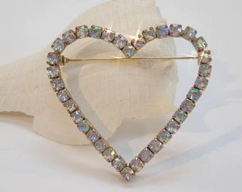 Pretty Vintage 1980's Iridescent Diamante Love Heart Brooch Pin Wedding