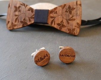 Alternative wedding Round wood cuff links personalized with engraving, natural wooden cufflinks set with bow ties, handmade in France