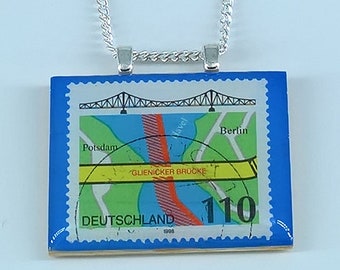 German Glienicke Bridge (Glienicker Brücke) Berlin Potsdam Vintage Postage Stamp Pendant Necklace 1998