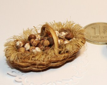 Dollhouse miniature 1:12 quail eggs in a basket