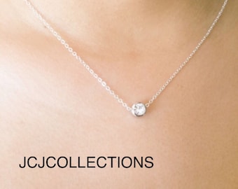 White Gold Floating Solitare Necklace, Austrian Crystal Pendant