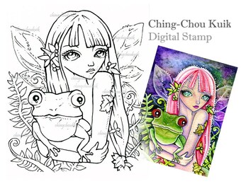 Green Frog Elf - Digital Stamp Instant Download / Fantasy Art by Ching-Chou Kuik