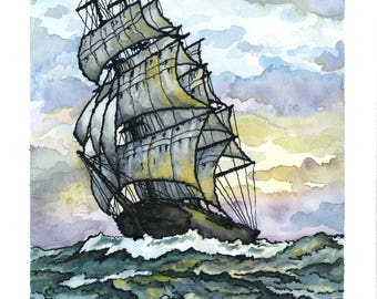 Art Print // CLIPPER SHIP - Ink & Watercolor