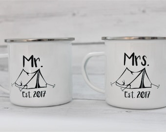 Camping mug, tin cup, enamel mug, camping, outdoors, anniversary gift, wedding gift, mr and mrs, mug set, couples gift, est, Christmas gift