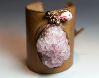 Leather Cuff Bracelet with Copper and Rose Quartz