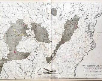 Original 1874 Statistical Atlas of the United States based on the 9th census from 1870 showing Coal Fields Alluvium