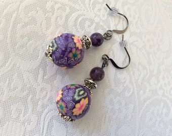 Amethyst and Purple Floral polymer clay drop dangle earrings on black Gunmetal earwires