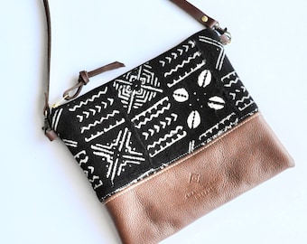 Tan Leather Purse - Boho Clutch - Leather Crossbody Bag - Mudcloth - Handmade in Australia - Sling Bag