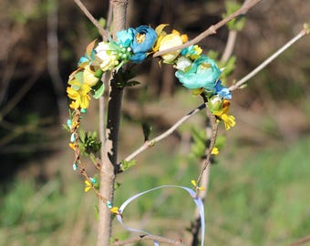aqua Floral crown Boho flower crown wedding flower crown bridal floral crown woodland head wreath girl floral crown turquoise yellow