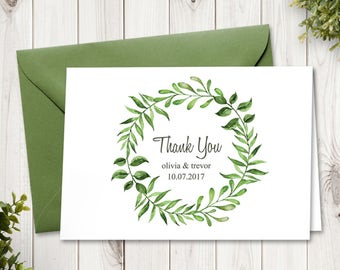 watercolor wreath thank you card template lovely leaves green folded diy
