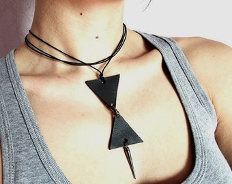 Grey Leather Necklace, Long Choker Necklace, Leather Jewelry, Edgy Jewelry