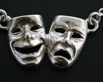 Silver Comedy Tragedy Greek Drama mask necklace. Theatre lovers' jewelry