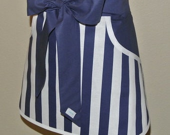 Baking Apron - Personalized Apron - Apron with Pockets - Hostess Apron - Navy and Whie Stripe with Navy Pockets and Ties Adult Half Apron