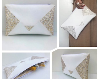 White and gold wallet imitation leather and glitter