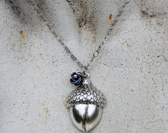 Silver Acorn Pendant Necklace , Antique Silver, Woodland Necklace, Sapphire Blue