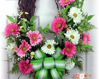 Spring Daisy Wreath, Pink Daisy Wreath, Spring Wreath, Spring Door Decor, Grapevine Wreath, Oval Wreath, Pink and White Wreath, Spring Decor