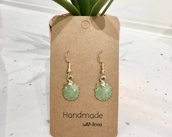 Green & Gold Glitter Seashell Hook/ Dangly Earrings