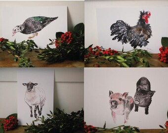 Mothers day gift / Lot 4 cards drawn animals in watercolor - recycled paper - duck, pigs, sheep and rooster