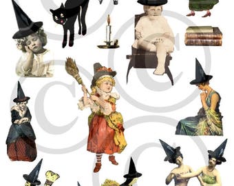 Vintage Halloween College Sheet Witches, Mermaids, Black cats Clips Art