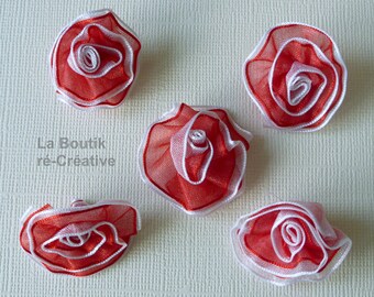 Lot 8 flower appliques in red organza white 25 mm