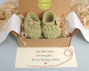 Pregnancy Reveal to Grandparents, Baby Announcement, Baby Reveal, BOOTIES IN A BOX®, Real Wood Buttons, Newborn Baby Booties, Ready To Ship