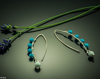 Blue Turquoise and Howlite silver arc earrings