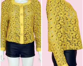 90s Yellow Floral Top / Vintage 1990s Flower Print Yellow Long Sleeve Blouse / Large
