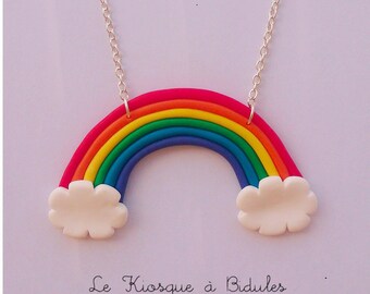 Arc-en-ciel et nuages - Collier en fimo