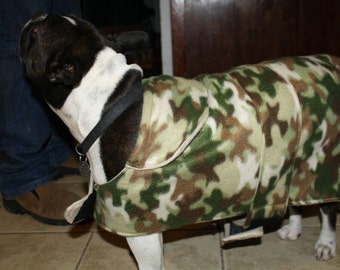 Warm, stylish fleece medium dog coat in fun cool camo pattern