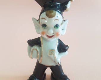 Ceramic Elf Figurine Graduate - Pointy Ears - 1950's Mid Century Vintage - Pixie Japan