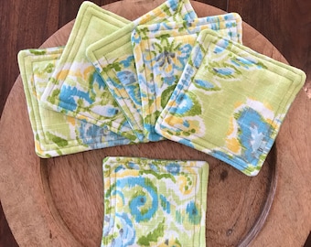 Lime green coasters, fabric coaster set, set of 6, quilted fabric coasters, hostess gift, Mother's Day gift, birthday gift for her