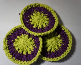 Set of Three Crochet Green/Purple Cotton Scrubby Dots