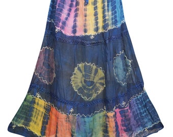 Womens Tie Dye GEORGETTE Long Skirt A-Line Floral Embroidered Ethnic Summer Style Maxi Skirts