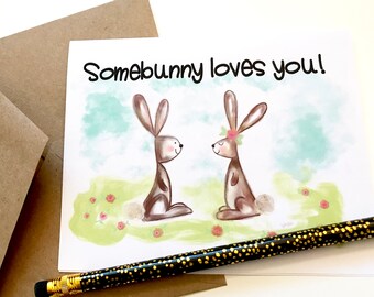 Printable art, "Somebunny loves you" adorable hand lettered & hand drawn Easter card, digital download