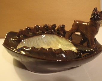 Vintage Ceramic Boxer with Pups Ash Tray