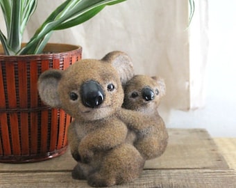 Vintage Flocked Koala Mom And Baby Figurine