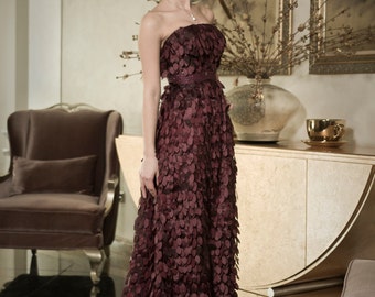 Elegante vestido de noche con hojas, madre púrpura oscurezca de gasa para las mujeres, hojas púrpura Vestido de noche, vestidos de mujer romántica