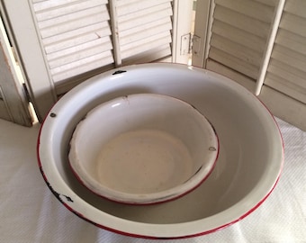 Darling Duo of 2 Vintage Enamelware Bowls Shabby Cottage