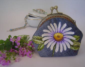 Gift for her. Coin purse. Metal frame purse. Kisslock coin purse. Denim purse. Hand painted.