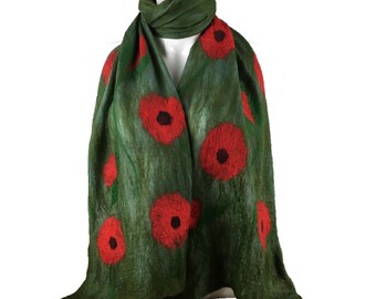 Nuno felt scarf, long scarf, poppy scarf, fashion scarf, womens wear, nuno felting