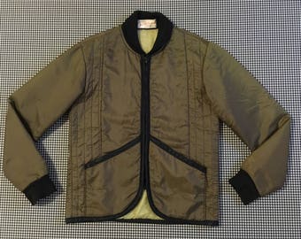 1970's, quilted, nylon, work jacket, in drab olive, with black trim, Men's size Small, Women's size Medium