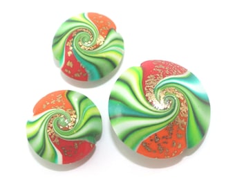 Swirl lentil beads with tiny gold dots, greens, red and orange Polymer Clay beads, elegant beads in red, orange and greens, Set of 3